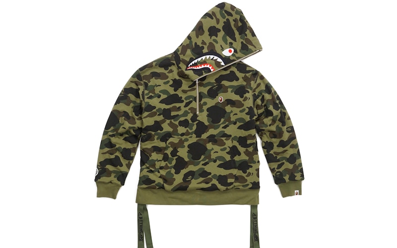 BAPE Military Rock Star 1st Camo Shark Sherpa Pullover Hoodie Green Men s US