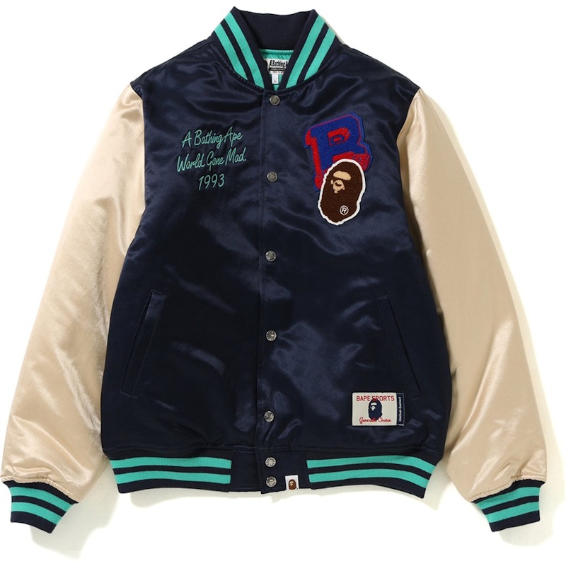 BAPE Multi Emblem Satin Varsity Jacket Navy Men's - FW18 - US