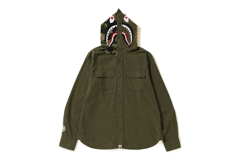 BAPE Shark Flannel Hoodie Shirt Olive Men s FW18 US