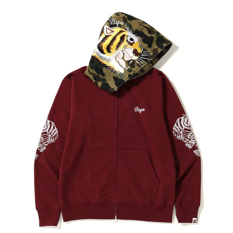 BAPE Tiger Embroidery Full Zip Hoodie Burgundy Men's - FW18 - US