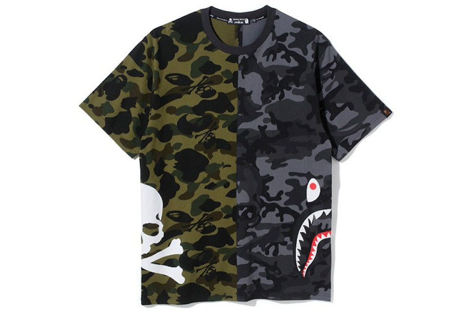 Bape Vs Mastermind Skull Shark Split Camo Tee Green Black Fw18 Bape Vs Mastermind Skull Shark Split Camo Tee Green Black Fw18