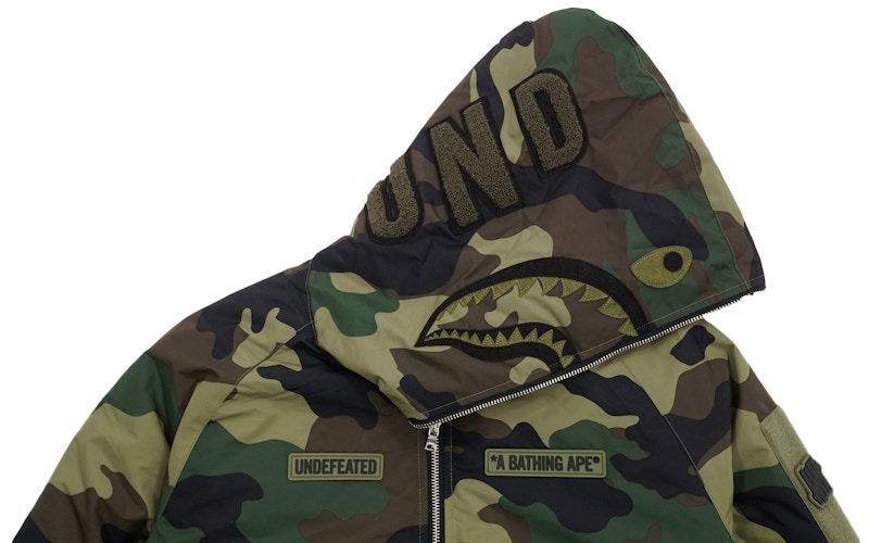 Bape x undefeated 2025 woodland camo shark hoodie