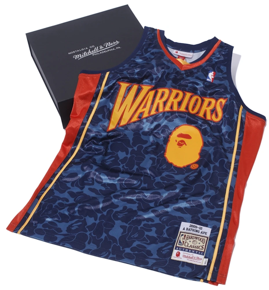 Pre-owned Bape X Mitchell & Ness Warriors Abc Basketball Authentic Shorts  Navy