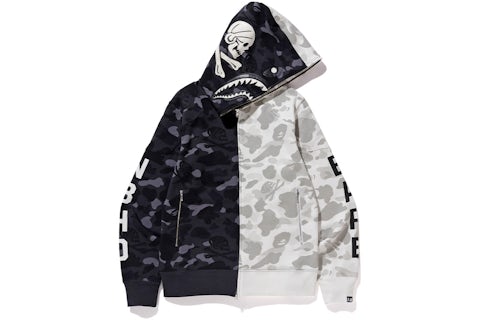 BAPE x Neighborhood Split Camo Shark Full Zip Hoodie Black/White