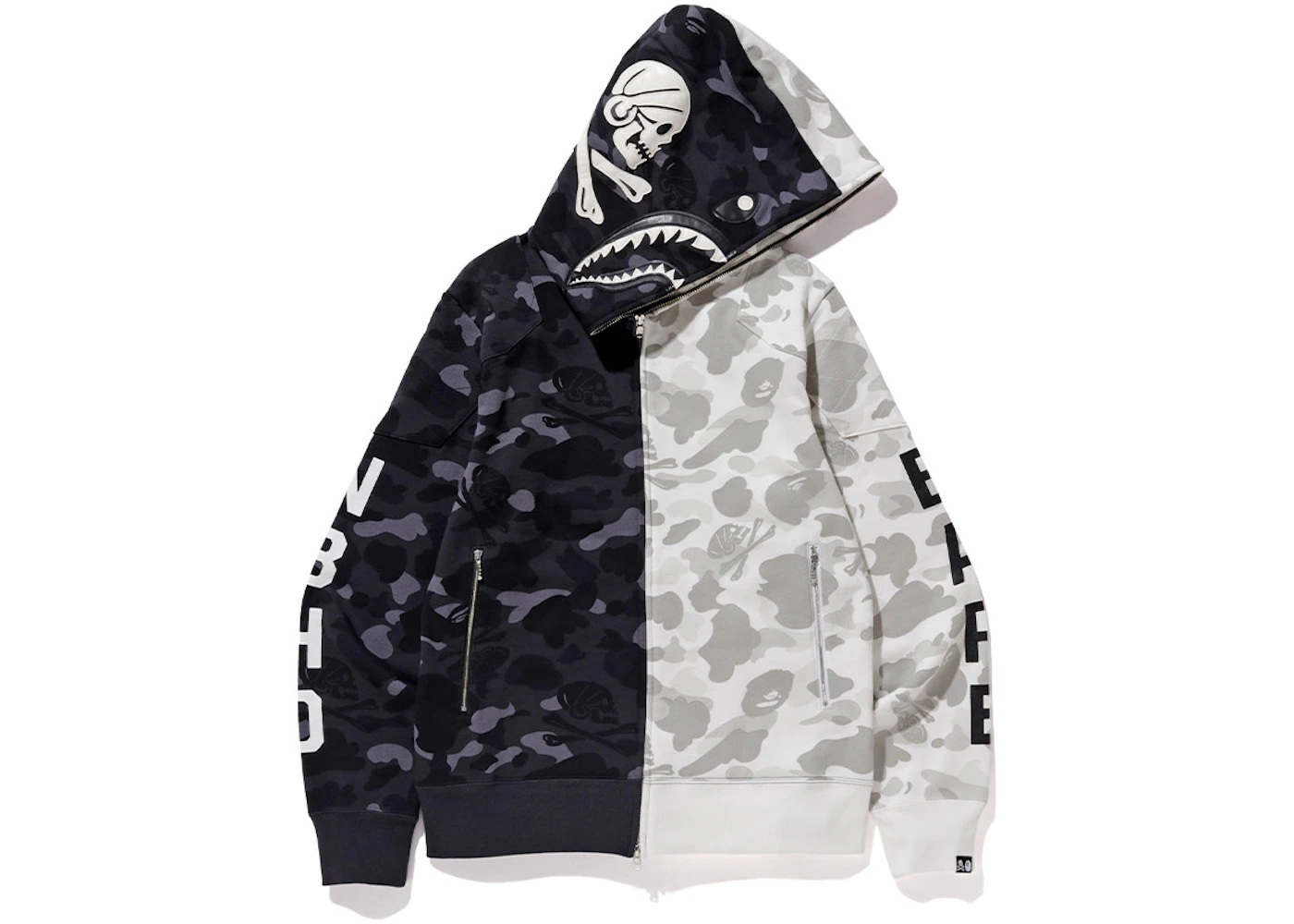 BAPE x Neighborhood Split Camo Shark Full Zip Hoodie Black/White