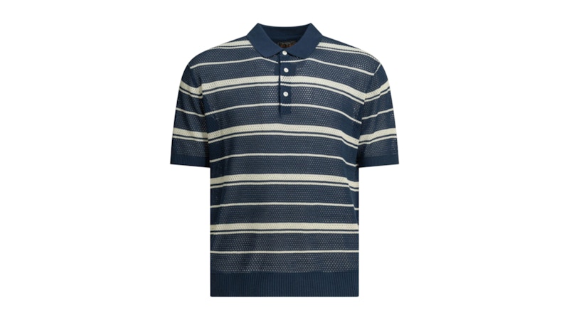 Beams Plus Striped Button-Down Polo Shirt Blue