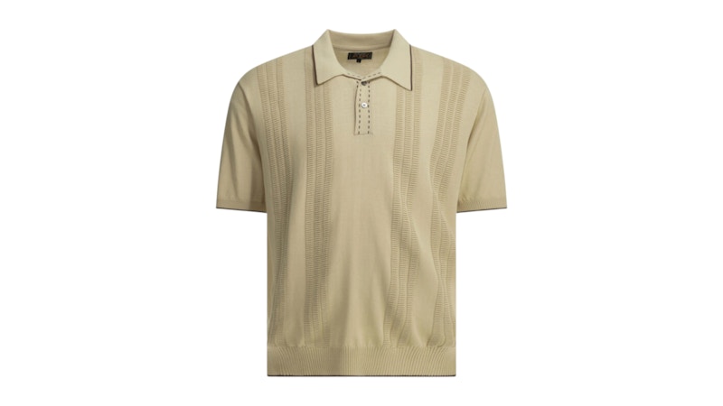 Beams Plus Textured Knit Button-Down Polo Shirt Beige