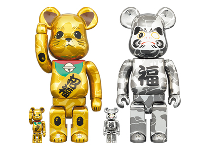 Bearbrick x BAPE Maneki Neko & Daruma 100% & 400% 4-Pc Set Gold & Silver  Plated