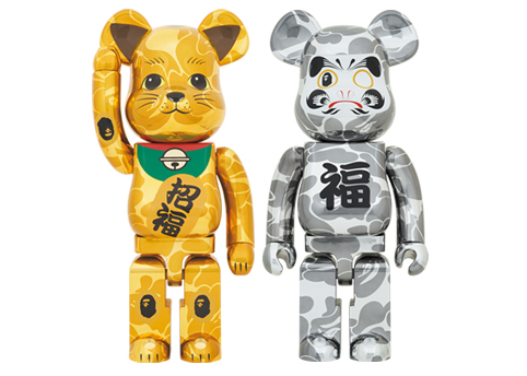 Bearbrick x BAPE Maneki Neko & Daruma 1000% 2x Set Gold & Silver Plated