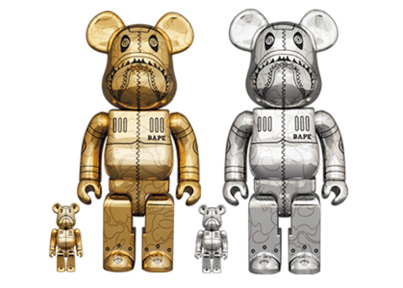 Bearbrick x BAPE x Hajime Sorayama Camo Shark 100% & 400% 4-Pc Set Gold &  Silver