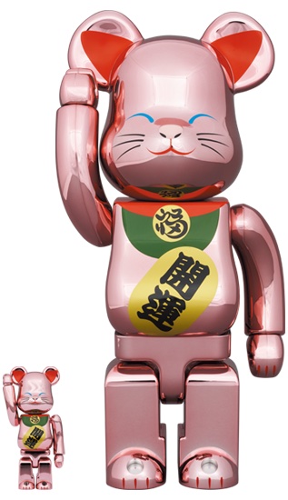Bearbrick x Medicom Toy Maneki Neko Good Luck Peach Gold Plated 100% & 400%  Set