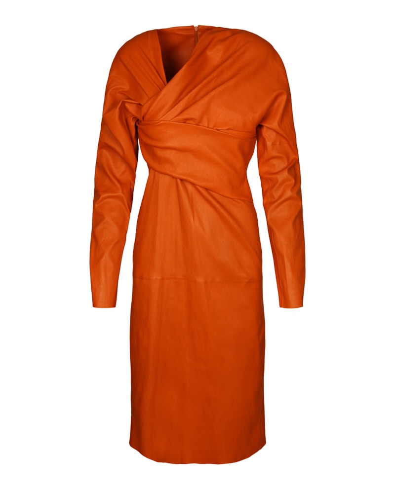 Pre-owned Bottega Veneta Women's Draped Leather Midi Dress In Copper In Brown