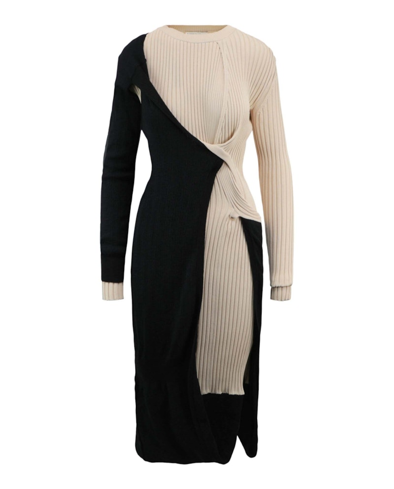 Bottega Veneta Draped Ribbed Knit Midi Dress Black/White - US