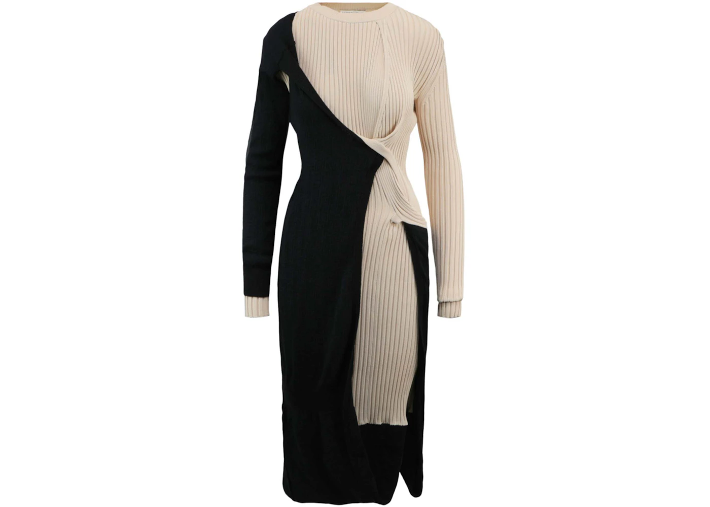 Bottega Veneta Draped Ribbed Knit Midi Dress Black/White - US Bottega Veneta Draped Ribbed Knit Midi Dress Black/White - US