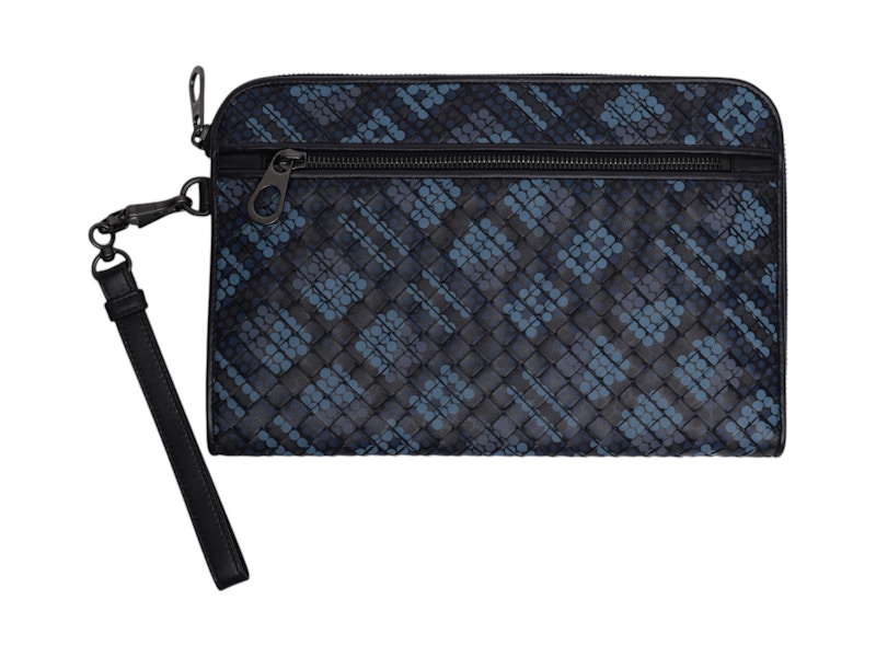 Pre-owned Bottega Veneta Intrecciato Polka Dot Document Case Wristlet In Black/blue