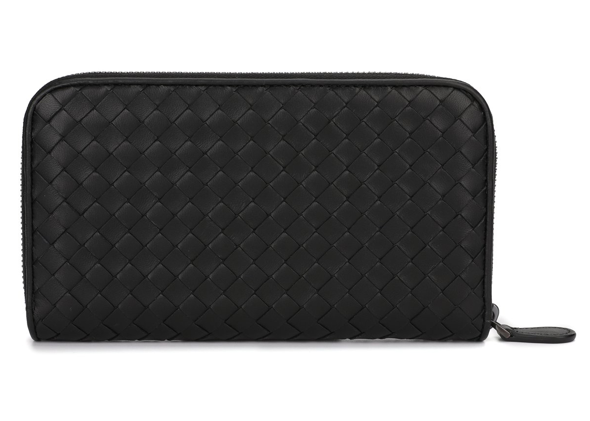 Bottega Veneta Intrecciato Weave Zip-Around Wallet Black in