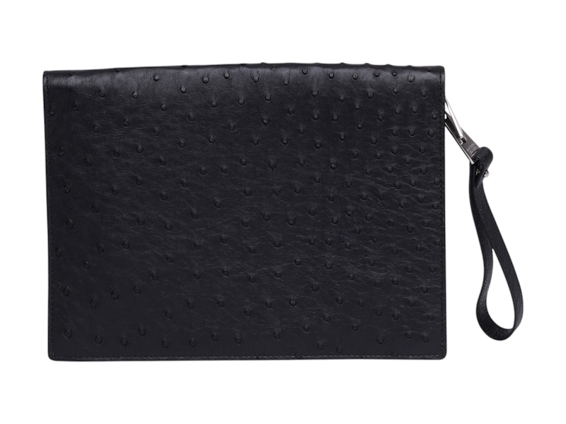 Pre-owned Bottega Veneta Ostrich Leather Document Case Wristlet In Black