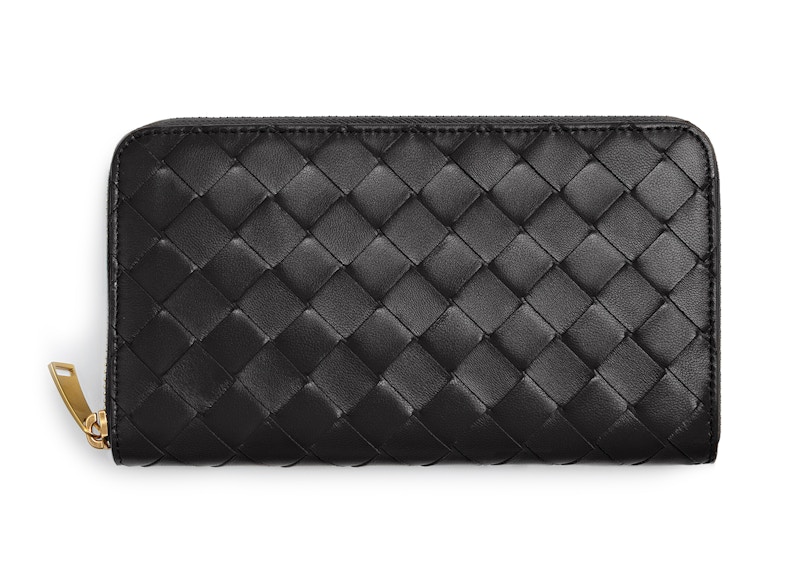 Bottega Veneta Zip Around Wallet Intrecciato Nero in Lambskin with