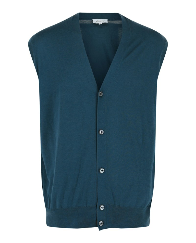 Brioni Wool Button Front Vest Petroleum Blue