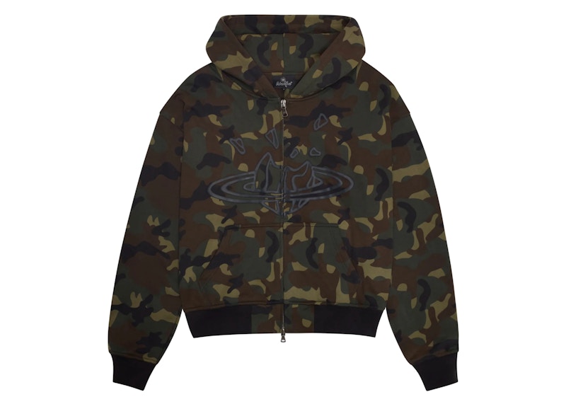 Pre-owned Broken Planet Men's Camo Planet Zipup Hoodie In Camo Green