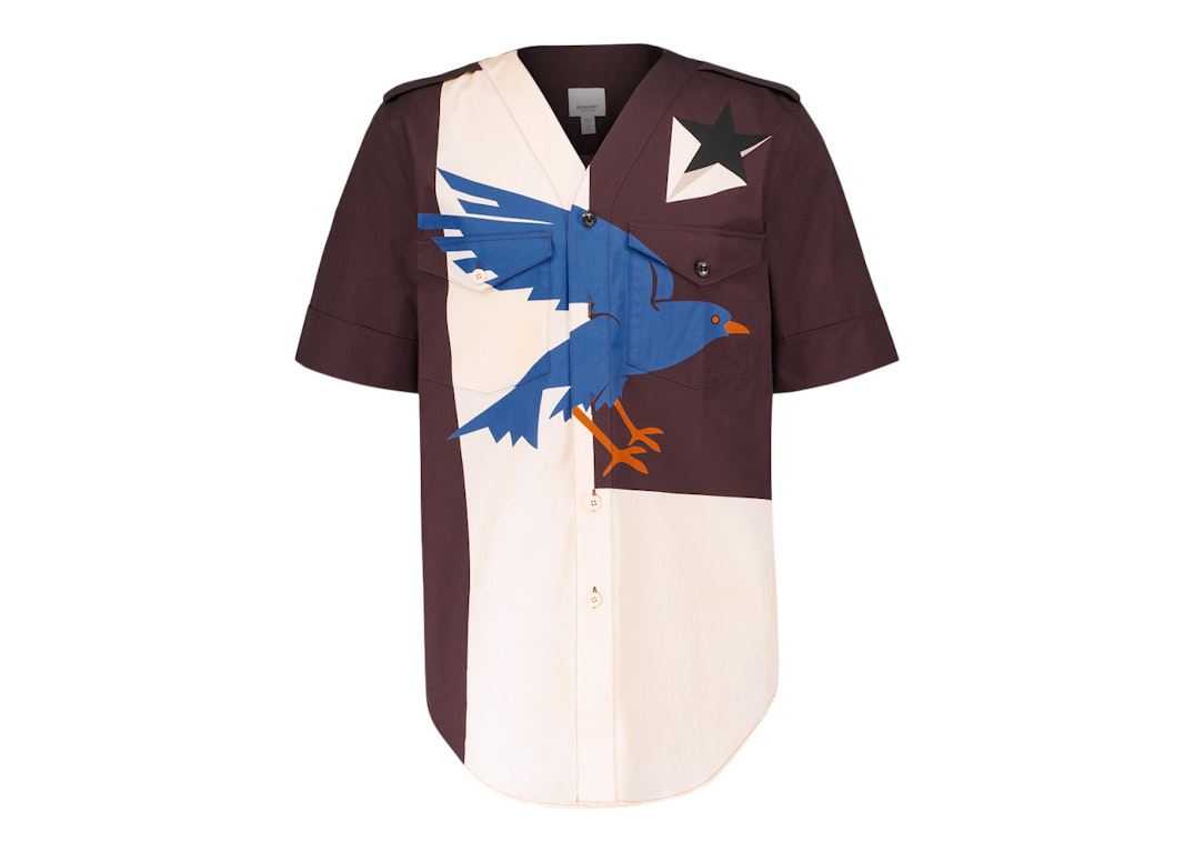 Pre-owned Burberry Bird Geo Print Short Sleeves Shirt Maroon White Blue