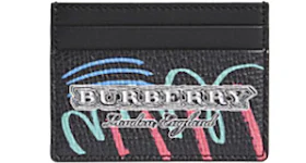 Burberry Card Case Graffiti Leather Black Multicolor