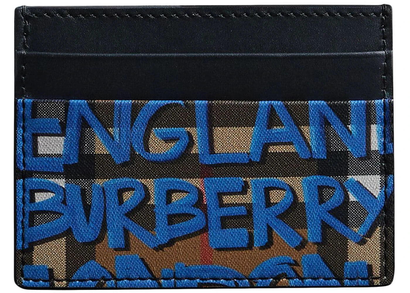 Burberry Card Case Graffiti Print Vintage Check Leather Black/Blue