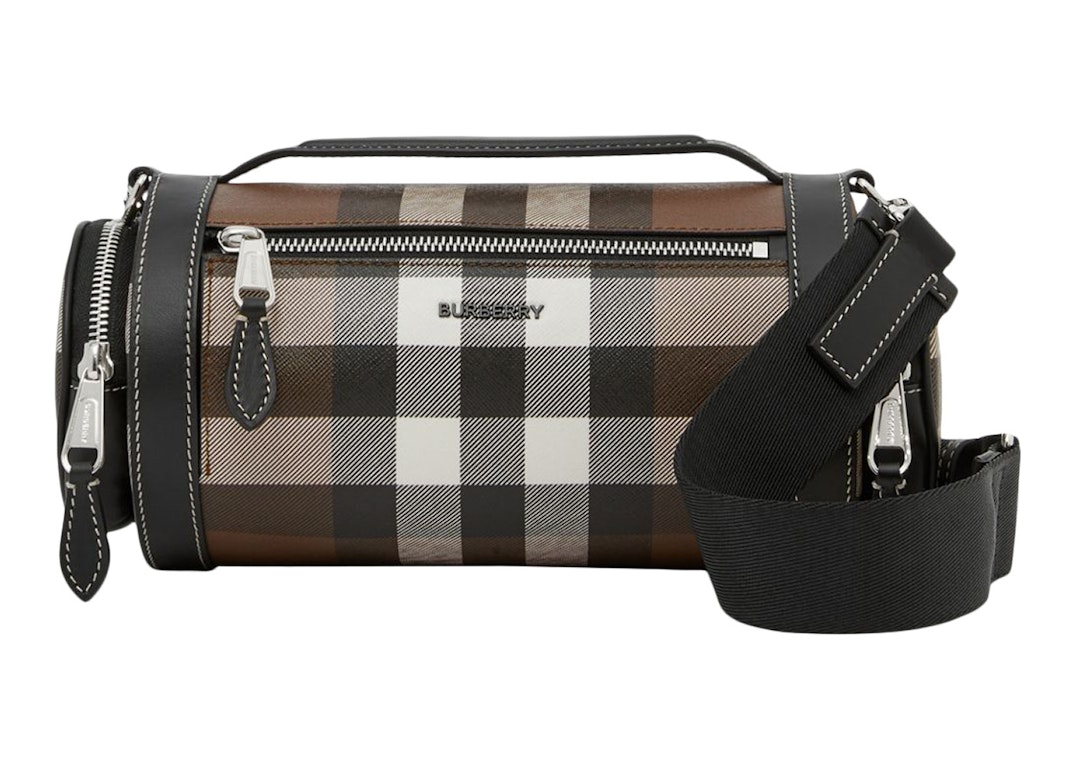 Pre-owned Burberry Check And Leather Sound Bag Dark Birch Brown/black