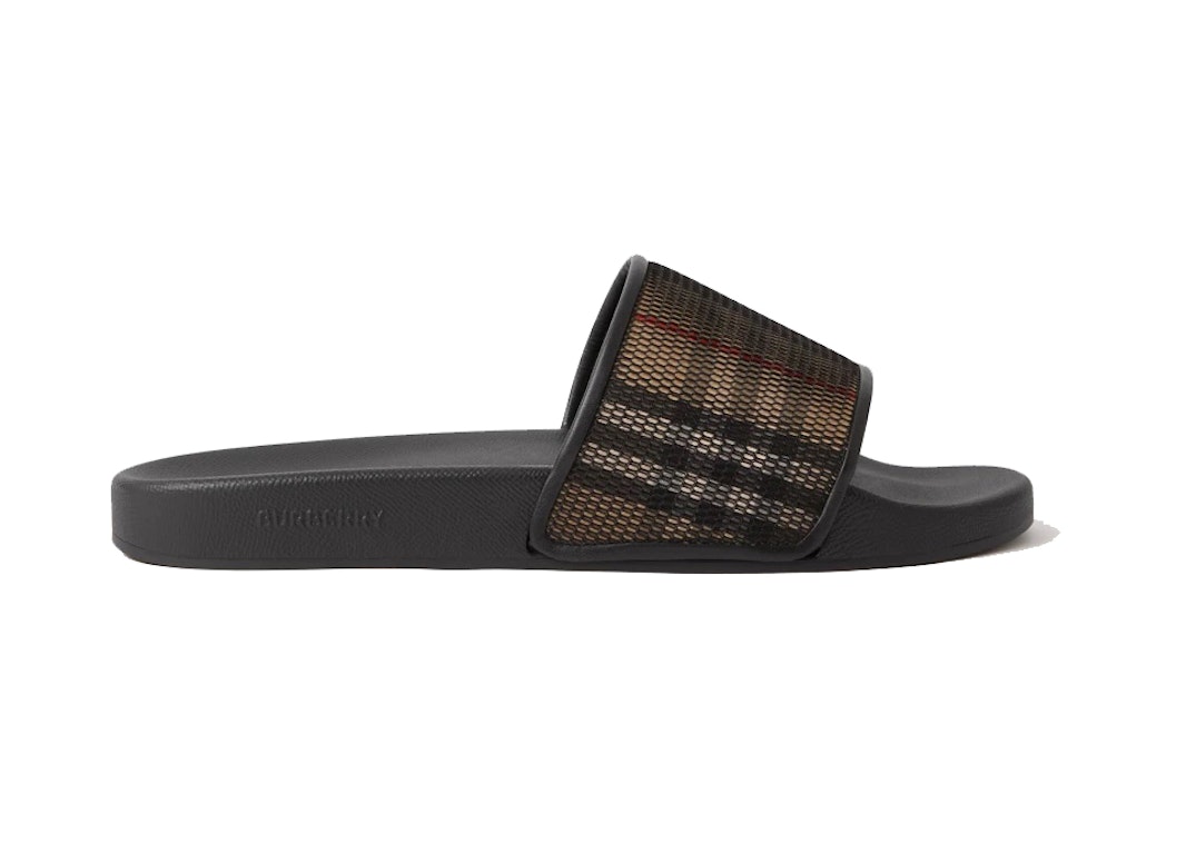 Pre-owned Burberry Check Cotton Mesh Slides Black In Black/beige/red