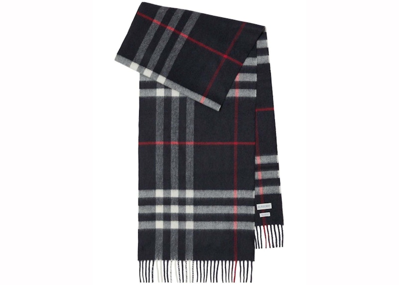 Pre-owned Burberry Check Fringed Cashmere Scarf In Navy Blue