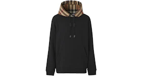 Burberry Check Hood Cotton Blend Hooded Sweatshirt Black Beige