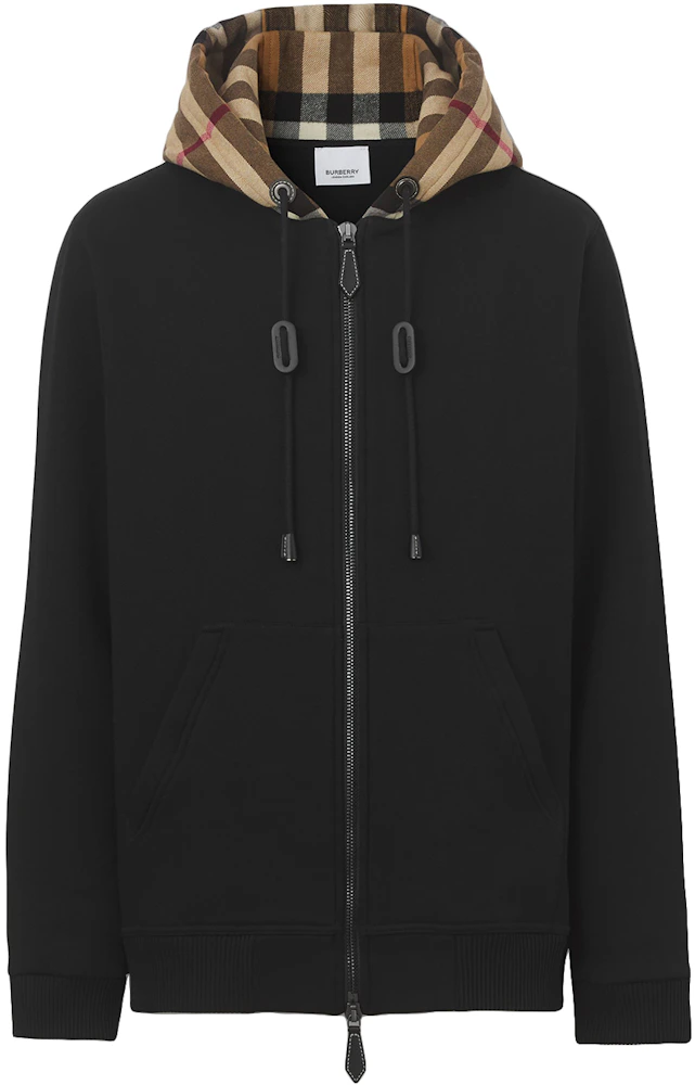 Burberry Check Hood Cotton Blend Zip-Front Hooded Top Black/Archive ...