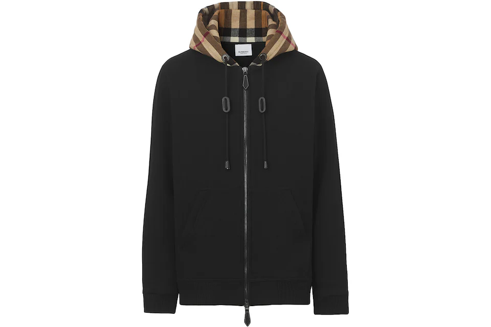 Burberry Check Hood Cotton Blend Zip-Front Hooded Top Black/Archive Beige