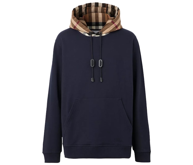 Burberry Check Hood Cotton Hoodie Coal Blue