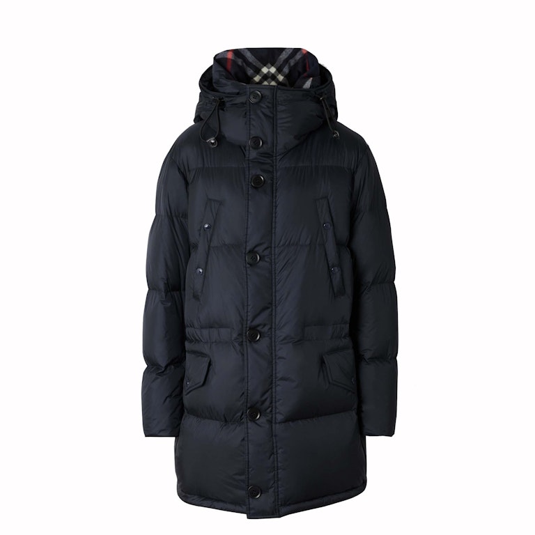 Pre-owned Burberry Check Hooded Puffer Long Down Jacket Navy