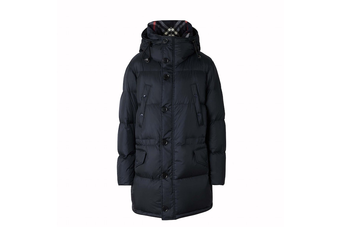 Pre-owned Burberry Check Hooded Puffer Long Down Jacket Navy