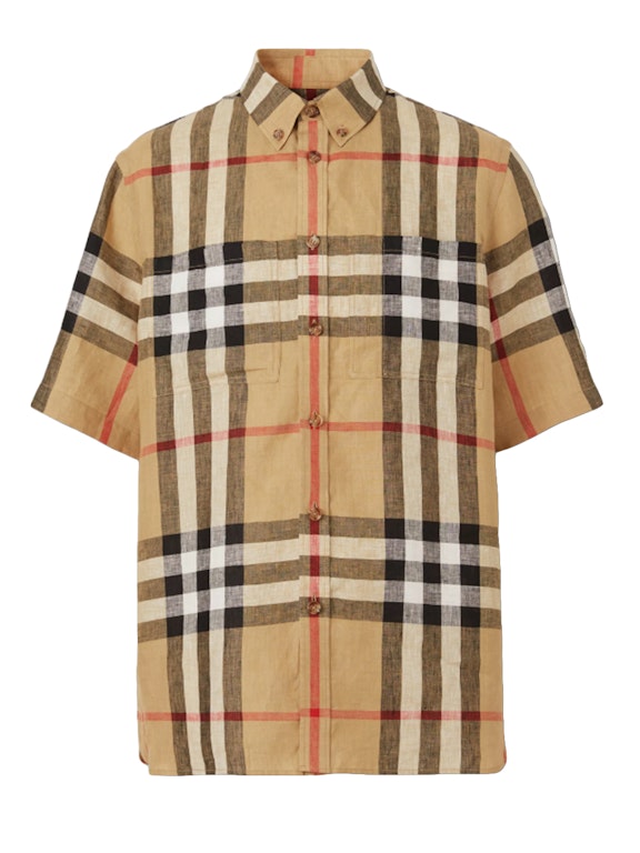Pre-owned Burberry Check Linen Oversized Short-sleeve Shirt Archive Beige