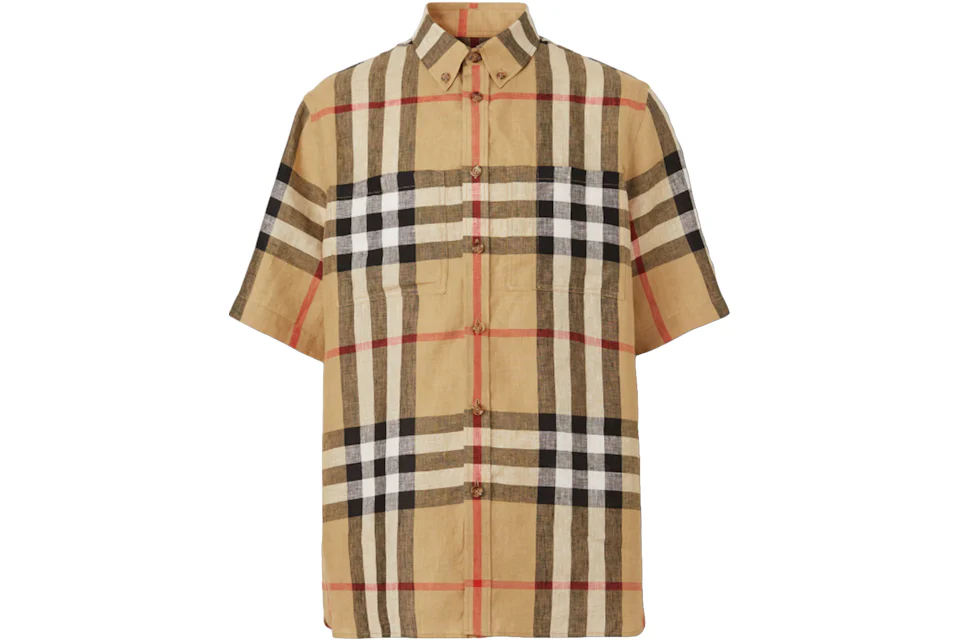Burberry Check Linen Oversized Short-sleeve Shirt Archive Beige Men's ...