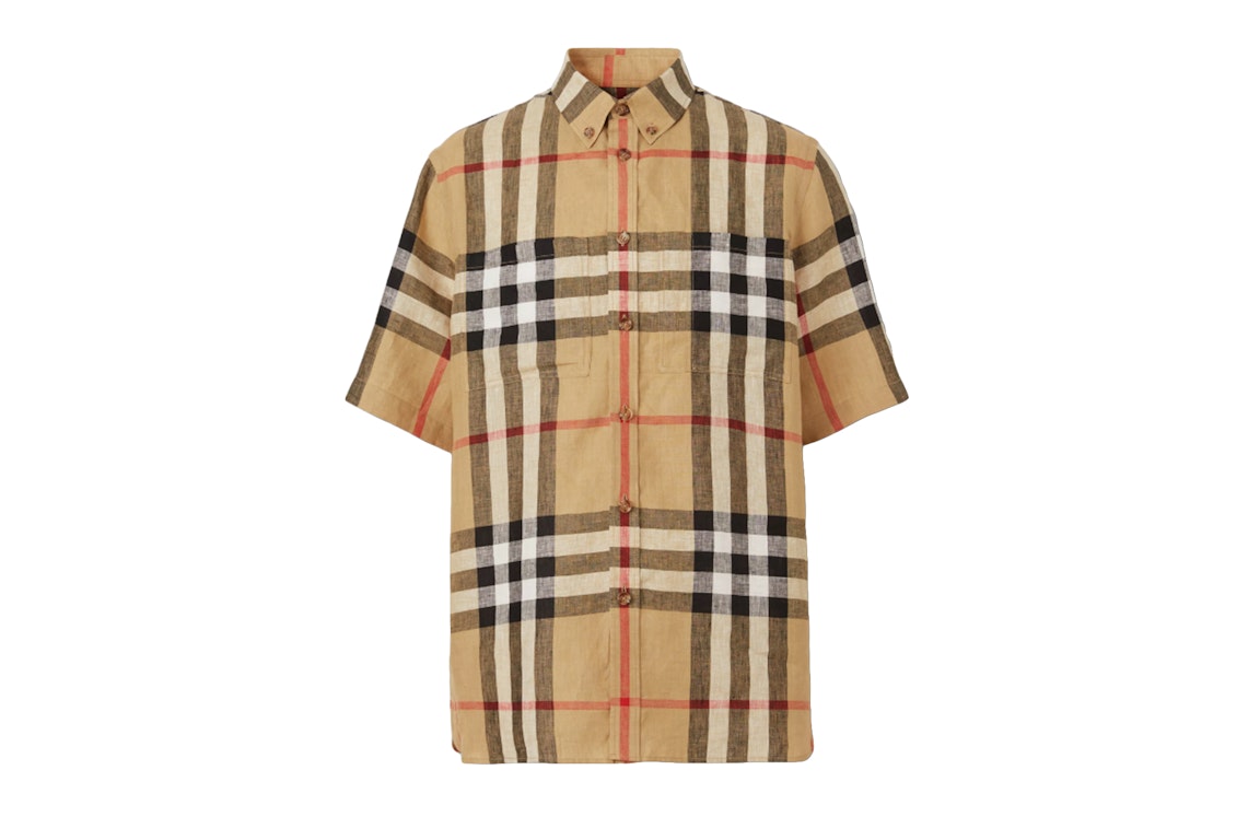 Pre-owned Burberry Check Linen Oversized Short-sleeve Shirt Archive Beige