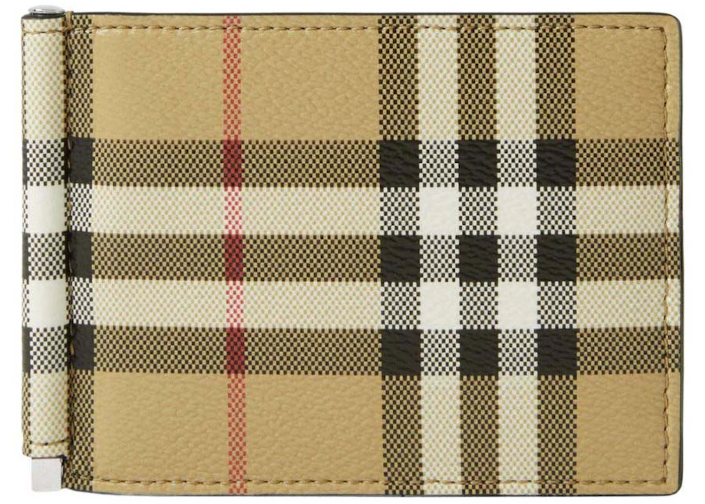 Burberry Check Money Clip Bifold Wallet Beige in Leather with