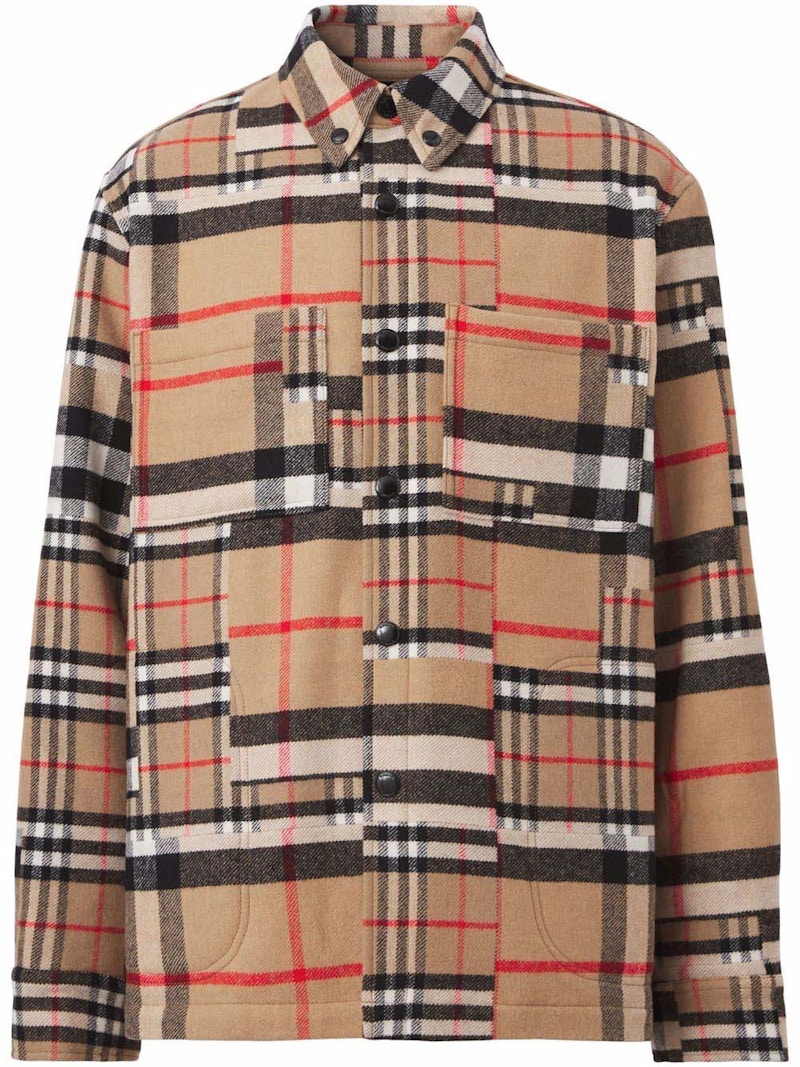 Burberry Check-Pattern Patchwork Wool Oversized Overshirt Beige