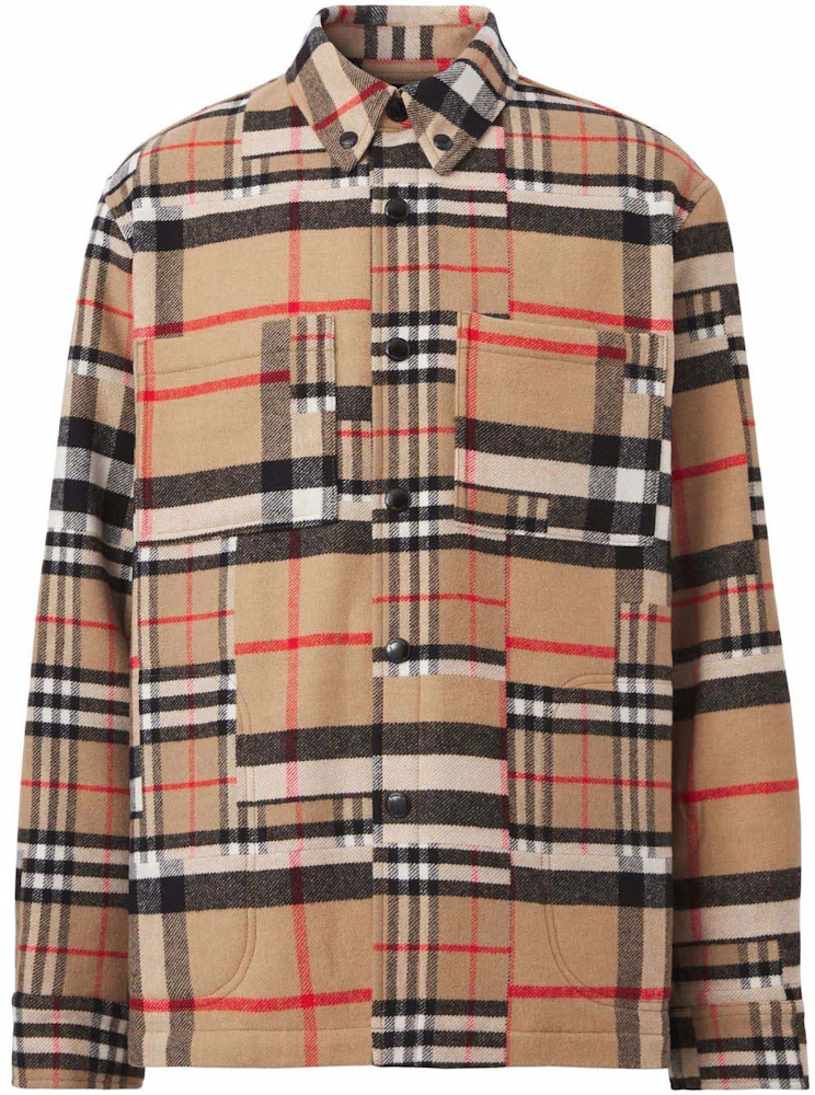 Burberry Check-Pattern Patchwork Wool Oversized Overshirt Beige Men's - US
