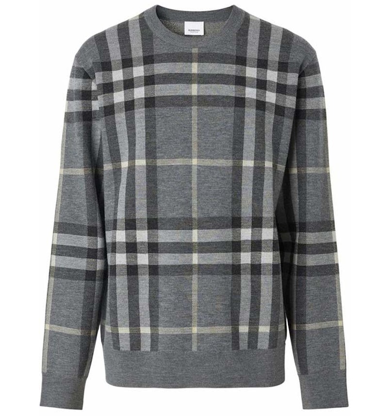 Burberry Check-Pattern Wool-Silk Sweater Grey Men's US