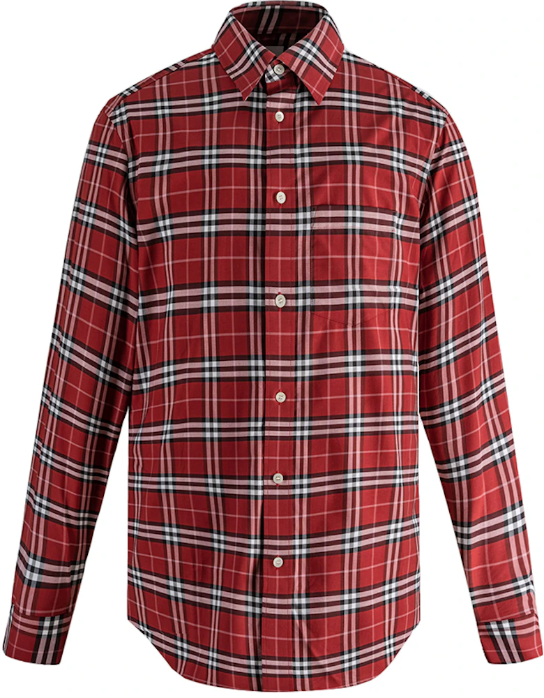 Men\'s Check Stretch Burberry US Shirt Poplin Red - Cotton