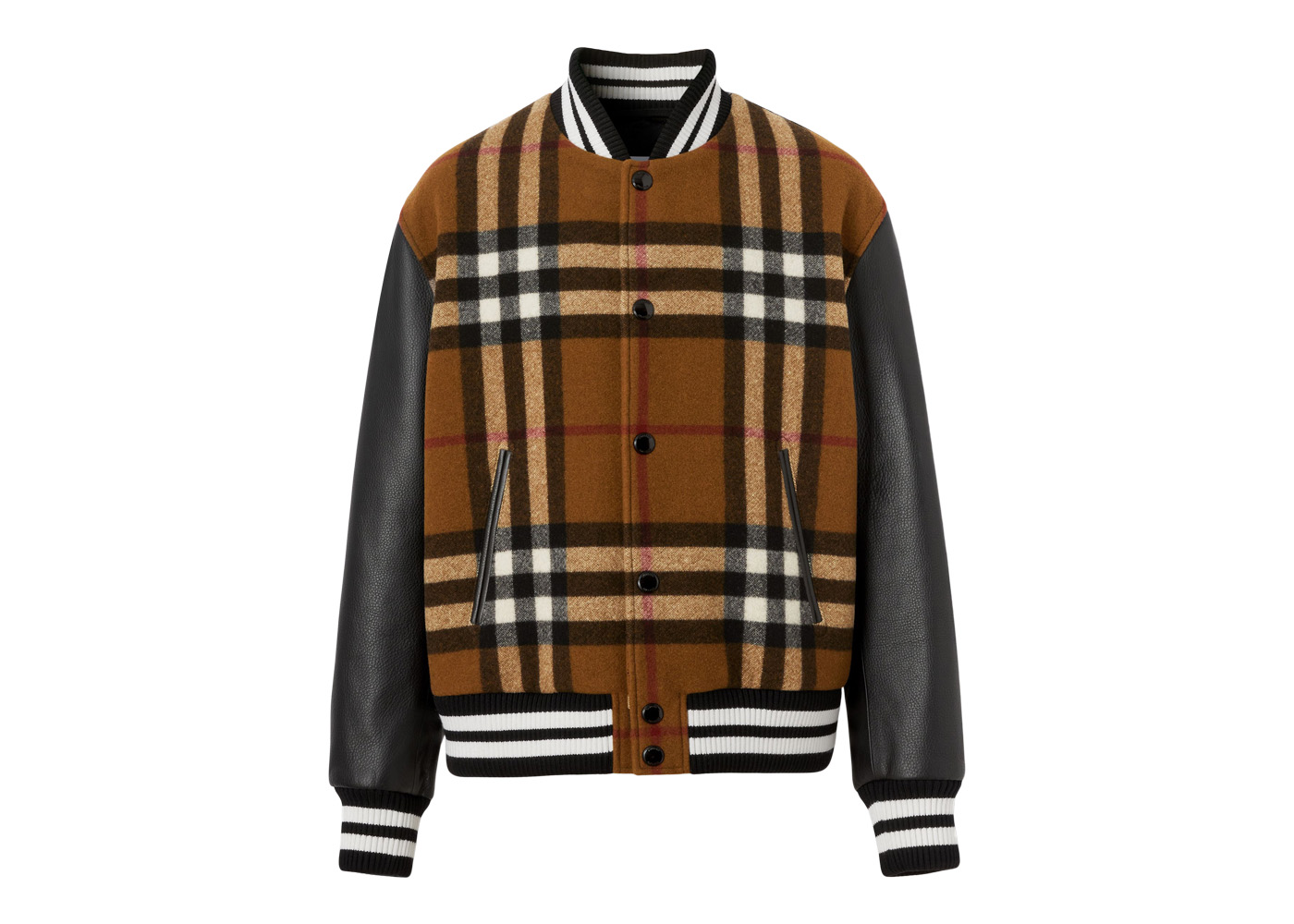 Burberry Check Technical Wool And Leather Bomber Jacket Birch Brown