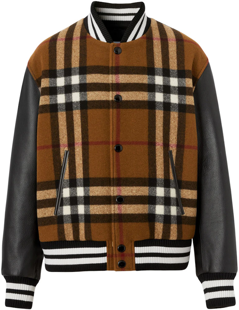 Burberry Check Technical Wool And Leather Bomber Jacket Birch Brown Men ...