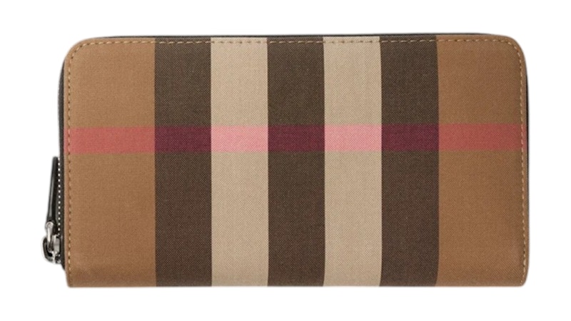 Pre-owned Burberry Women's Check Zip Around Long Wallet In Taupe Brown