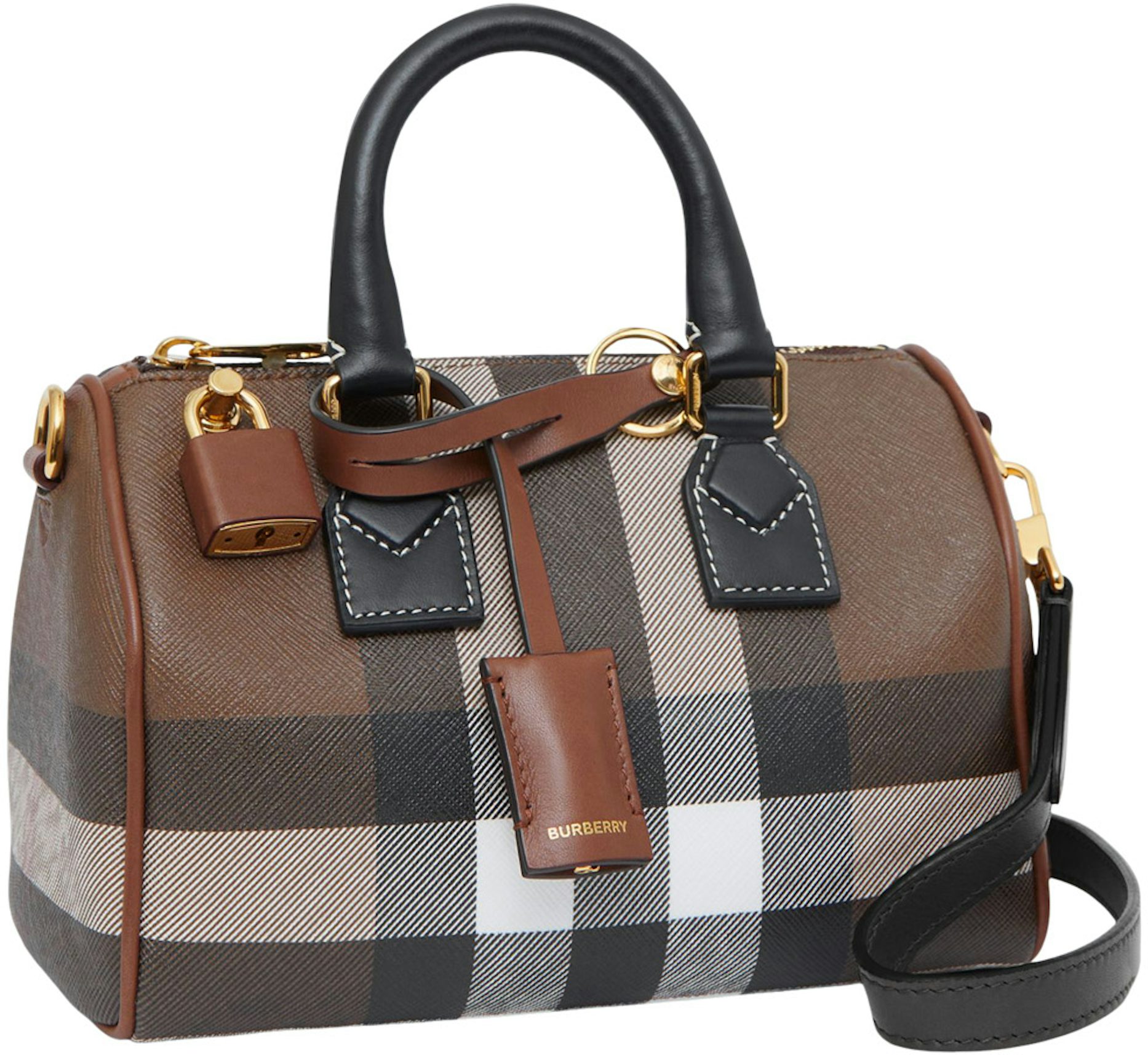 Burberry Check and Leather Bowling Bag Mini Dark Birch Brown in  Cotton/Polyurethane with Gold-tone - US