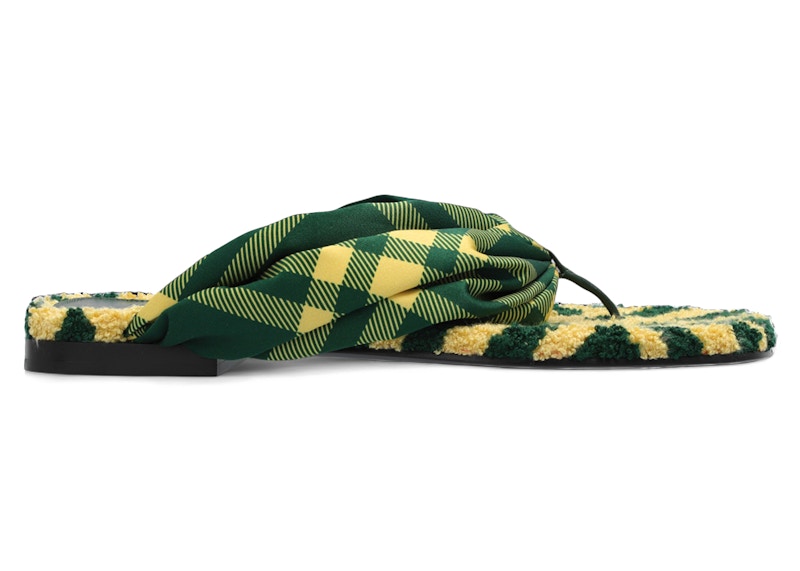 Burberry Checked Thong-Strap Pool Flat Slides Fern Green