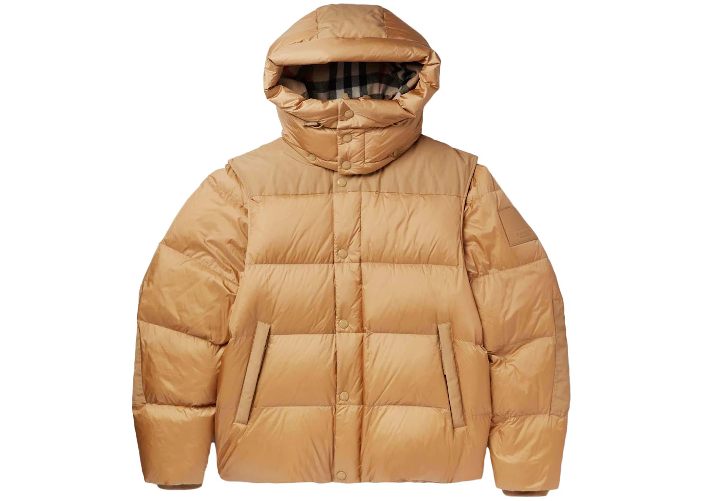 Burberry Detachable Sleeve Check Hooded Puffer Jacket Honey Men's US